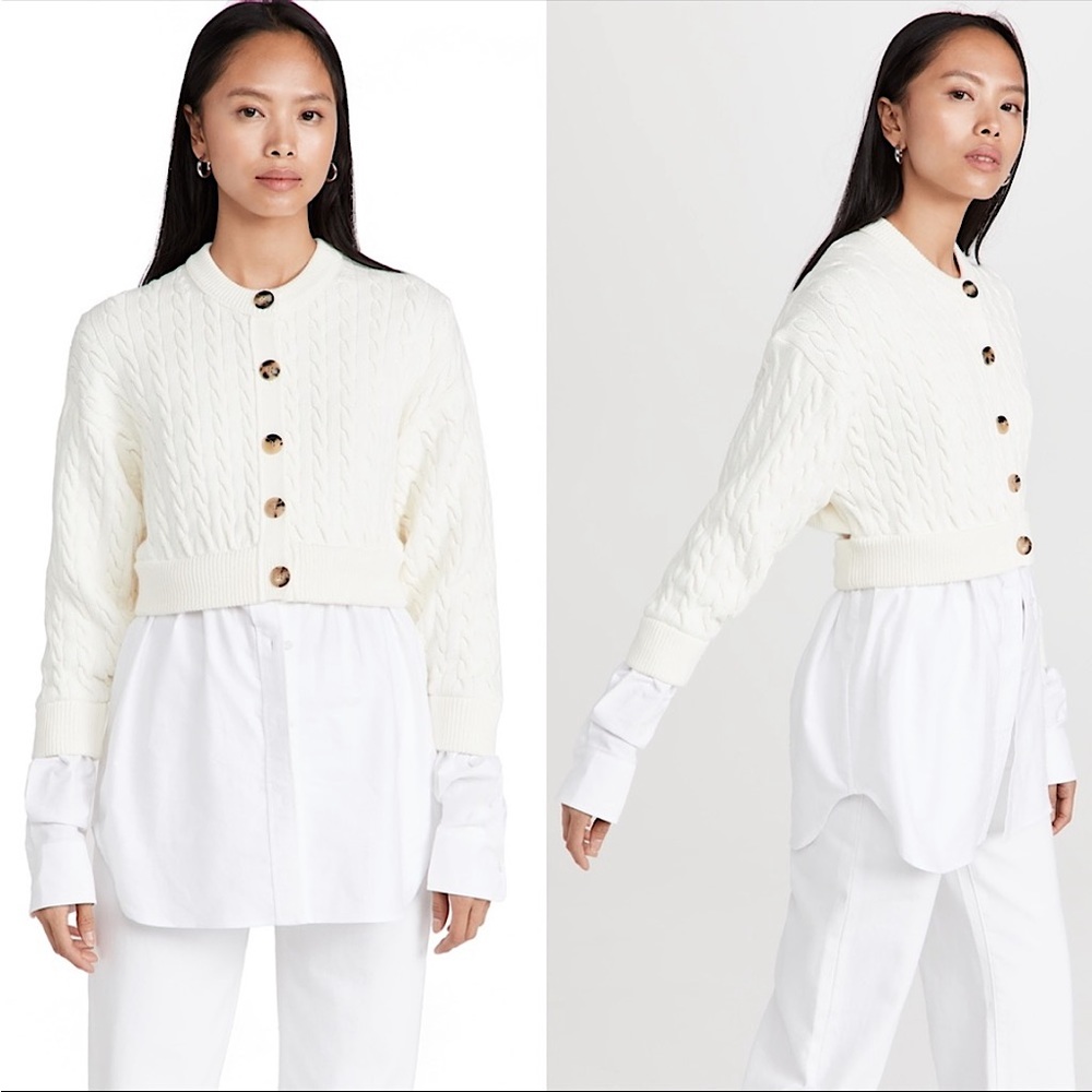 ALEXANDER WANG WOMEN BI-LAYER CABLE CARDIGAN WITH OXFORD SHIRTIN M $475